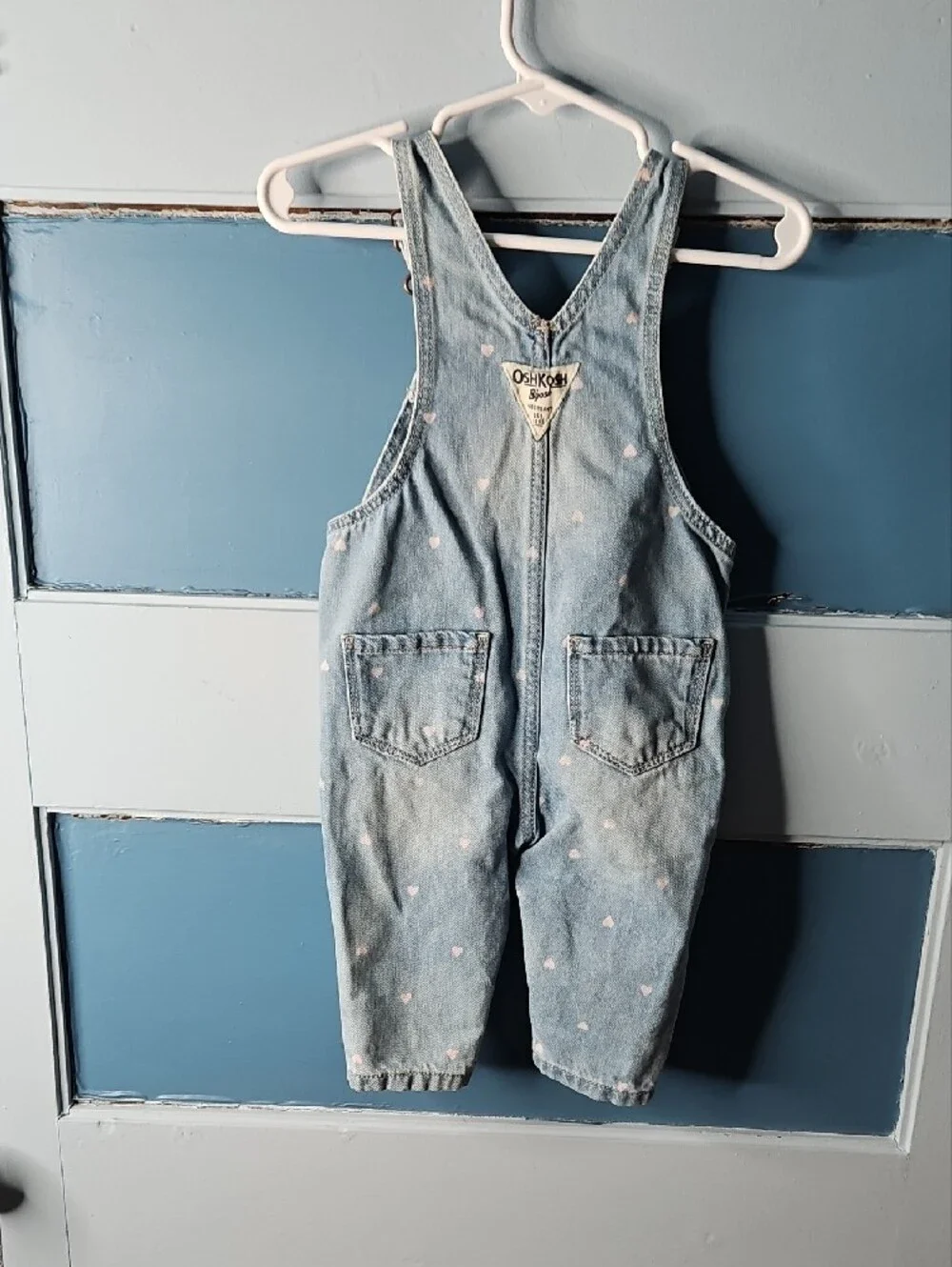 OshKosh B'gosh Light Blue Denim Heart Pocket Overalls with Pink Hearts 6 Months